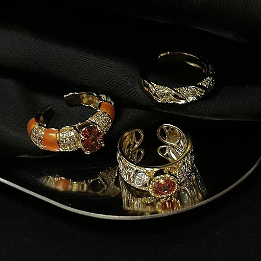 Exclusive custom European retro pigeon blood ruby gold open ring set of three