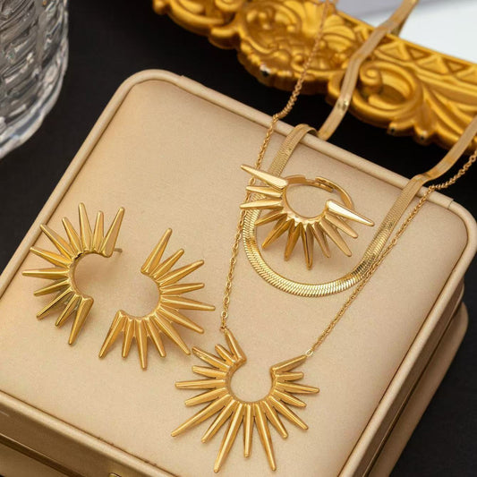 Retro all-match sunflower clavicle chain ring earrings three-piece set